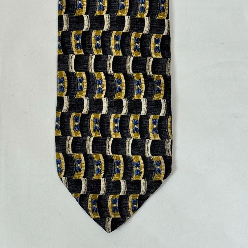 Robert Talbott Studio Men’s Necktie Black & Gold Geometric w/Blue Butterflies